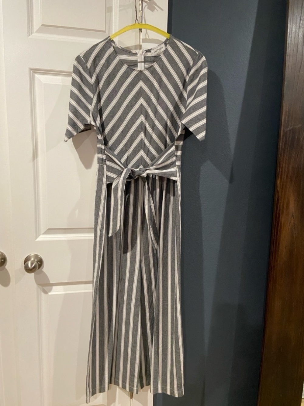 Gray and White Striped Tie-Waist Midi Jumpsuit